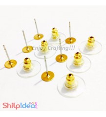 Earring Studs 6mm - Flat with Stoppers - Golden - 2 Pairs